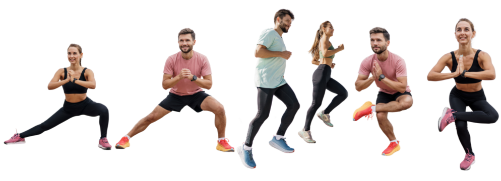 Warm-up runner male and female athletes fitness exercises warm-up, active and healthy lifestyle. Collage of photos of sports people. Transparent isolated background.