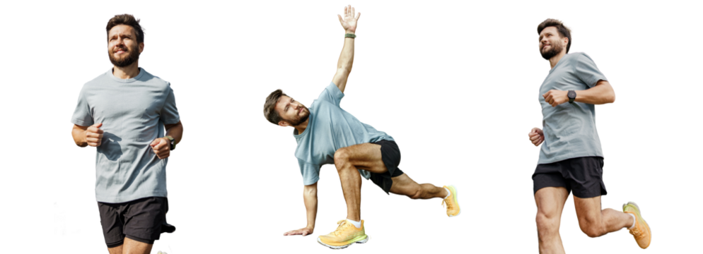 Runner male athlete fitness exercises plank warm-up, active and healthy lifestyle. Motivation for sports. Transparent isolated background.