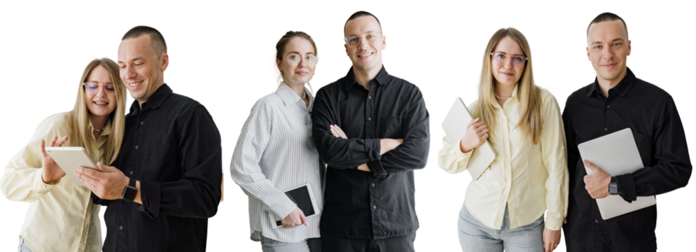 People office colleagues employees of the laptop company. Friends work startup. Transparent isolated background.