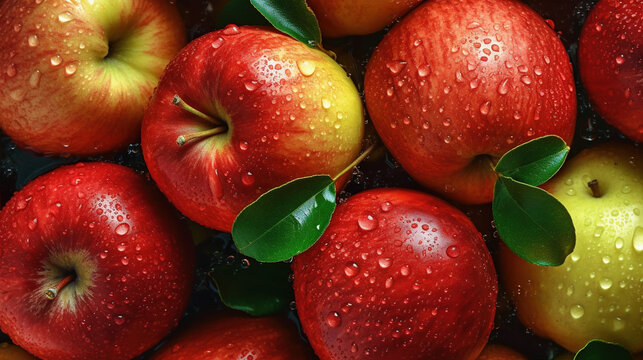 Top View Group of Fresh Red Apple Fruits With Water Drops Dark Background Selective Focus