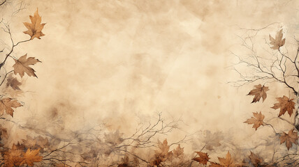 background with copy space, ancient parchment paper, with a frame of ornaments of autumn branches and leaves, autumn blank