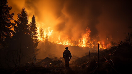 firefighter on the background of a forest fire view from the back