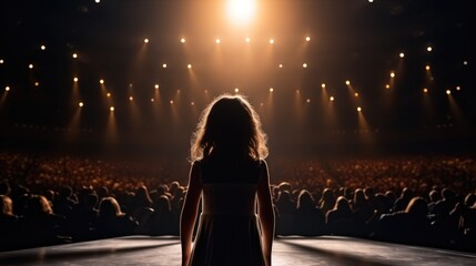 Little girl standing in ray of light on the stage, back view.