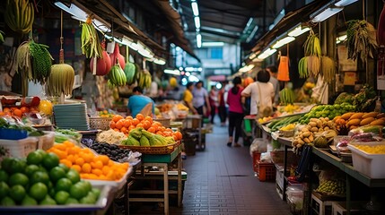 Panoramic image of a fruit market in Bangkok, Thailand.