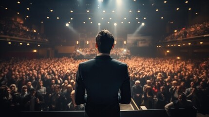 Motivational speaker standing on stage in front of audience for motivation speech on conference or business event, Speaker giving a talk in conference hall, back view.