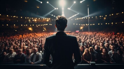 Motivational speaker standing on stage in front of audience for motivation speech on conference or business event, Speaker giving a talk in conference hall, back view. - obrazy, fototapety, plakaty