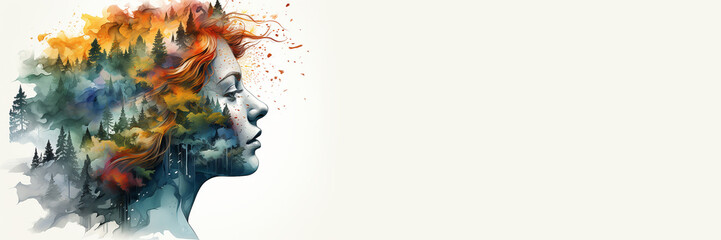 Double exposure of female head with background of nature, forest. Abstract portraite of young woman. Mental Health Awareness. Autumn and winter eco style. Watercolor illustration, copy space