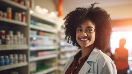 Photo sur Plexiglas Pharmacie Courteous smiling black female pharmacist in white coat assists clients in pharmacy providing advice and help with medications, knowledgeable pharmacist care of customers health
