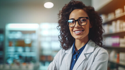 Courteous smiling female pharmacist in white coat assists clients in pharmacy providing advice and help with medications, knowledgeable pharmacist care of customers health - obrazy, fototapety, plakaty