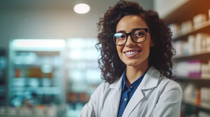 Schilderijen op glas Courteous smiling female pharmacist in white coat assists clients in pharmacy providing advice and help with medications, knowledgeable pharmacist care of customers health © TRAVELARIUM