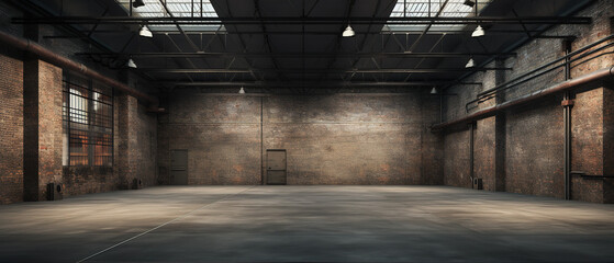 Industrial loft style empty old warehouse interior,brick wall,concrete floor - obrazy, fototapety, plakaty