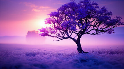 Fototapeta na wymiar Beautiful Purple Twilight Landscape win Big Tree