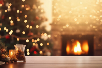 Wooden table with burning candle Christmas tree on background. Space for text. - obrazy, fototapety, plakaty