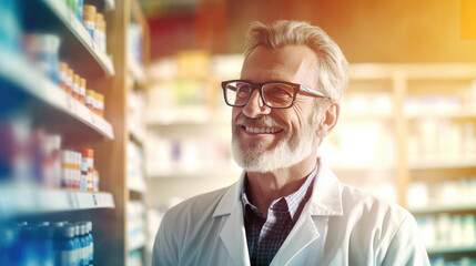 Fototapeta premium Courteous smiling male pharmacist in white coat assists clients in pharmacy providing advice and help with medications, knowledgeable pharmacist care of customers health