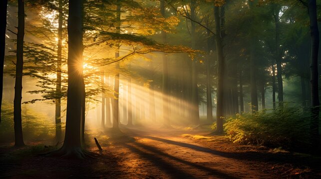 Panoramic image of a misty forest with sunbeams