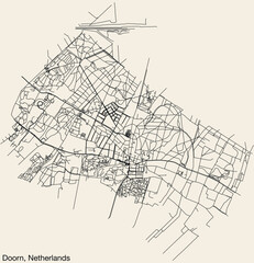 Detailed hand-drawn navigational urban street roads map of the Dutch city of DOORN, NETHERLANDS with solid road lines and name tag on vintage background