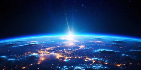 Panoramic view on planet Earth globe from space with rising sun. Glowing city lights, light clouds. Generative AI