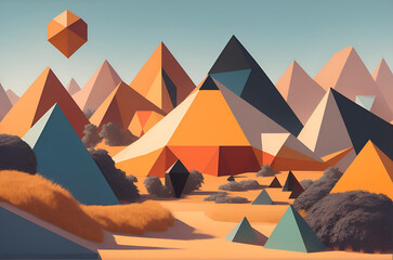 Fototapeta na wymiar Geometric mountain range, A colorful, abstract landscape of geometric shapes. The mountains are made up of a variety of shapes and sizes, and the colors are vibrant and eye-catching