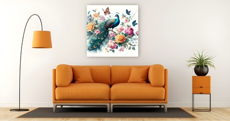 Wallpaper painting of a peacock bird in bright, beautiful colors among flowers, roses, branches and butterflies, vintage drawing style background - Generative AI