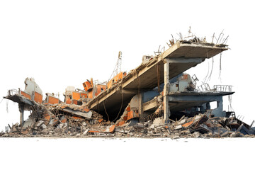 Wrecked Building Panorama with Concrete Debris and Huge Beam - obrazy, fototapety, plakaty