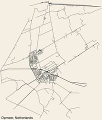 Detailed hand-drawn navigational urban street roads map of the Dutch city of OPMEER, NETHERLANDS with solid road lines and name tag on vintage background