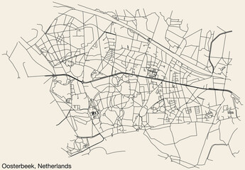 Detailed hand-drawn navigational urban street roads map of the Dutch city of OOSTERBEEK, NETHERLANDS with solid road lines and name tag on vintage background - obrazy, fototapety, plakaty