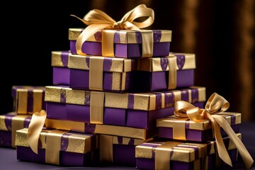 Stacked gift boxes with purple and gold wrapping and bows. Generative AI