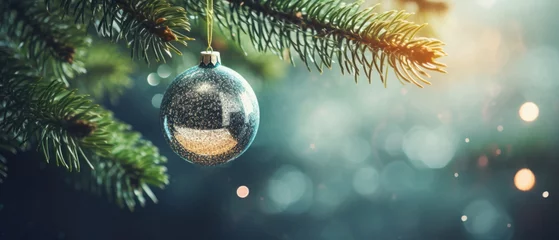 Gardinen Christmas and New Year background. Decorated Christmas tree bauble on bokeh background. © Synthetica