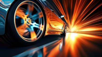  Close-up of wheel of fast sports car on road with neon light. © visoot