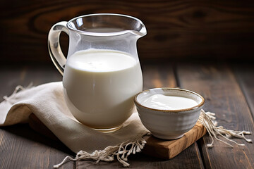 jar of milk on a table - obrazy, fototapety, plakaty