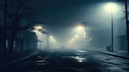 Dark gloomy empty street, smoke, smog.