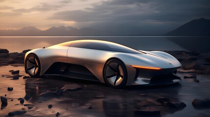Fototapeta na wymiar 3D rendering of a brand-less generic concept car in the sea