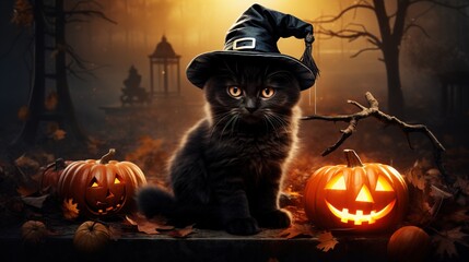Halloween theme: black cat sitting next to pumpkins, AI generated