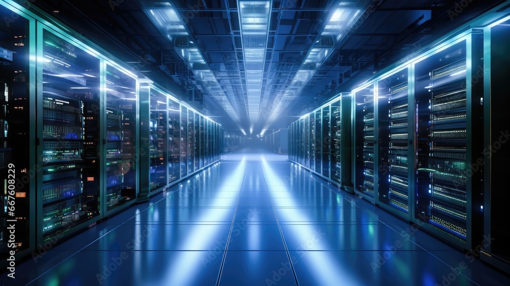 Poster data center with servers, futuristic data center server room.