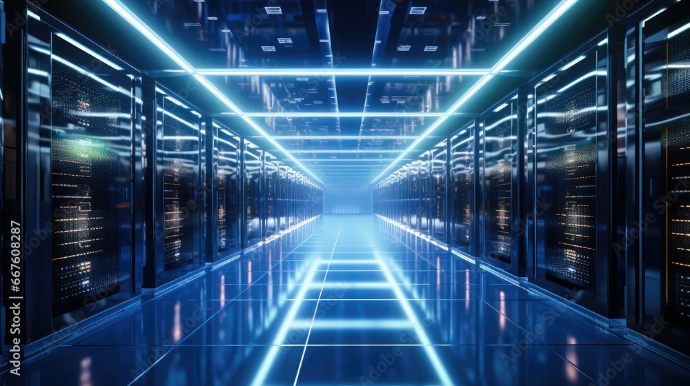 Poster data center with servers, futuristic data center server room.