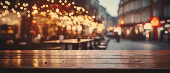 Empty wooden table and christmas lights bokeh background, product display.