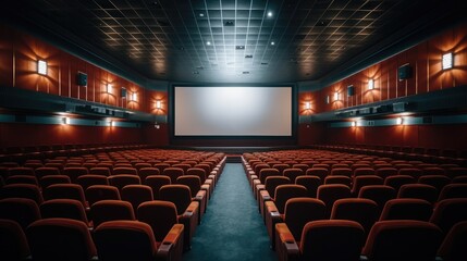 Cinema with theater seats and white screen.