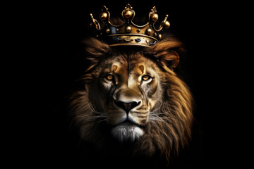 lion head with golden king crown on black background - obrazy, fototapety, plakaty