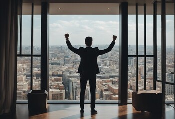 A man in a suit, seen from behind, raising his fists and looking at the city through a window.