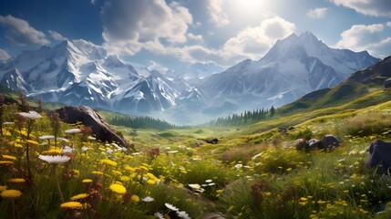 Panoramic view of alpine meadow with yellow flowers in summer