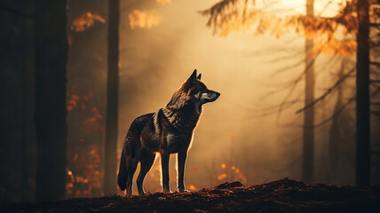 silhouette of a wolf in a misty autumn forest landscape view of wildlife
