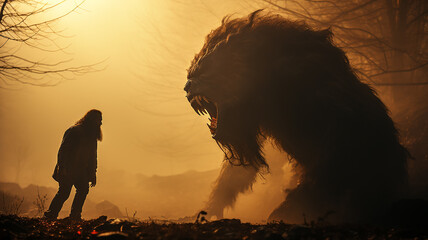 Naklejka premium fighting fear silhouette psychology aggression stress monster concept therapy, horror in the forest werewolf