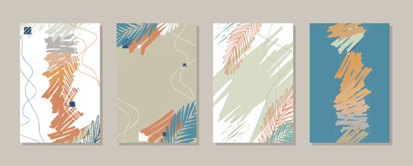 Set of abstract creative universal cards with tropical leaves. Modern vector design.