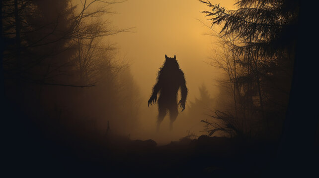 werewolf silhouette fear horror in the forest ghoul ancient horror fairy tale beast wolf predator in the fog of the night forest
