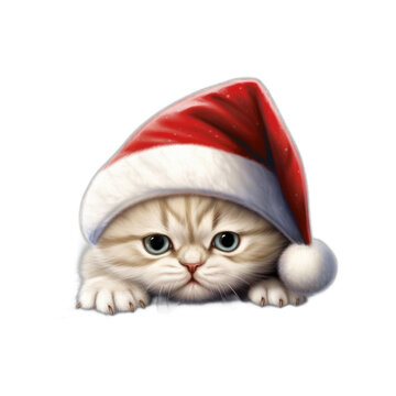 Exotic Shorthair kitten wearing Santa Hat isolated on transparent background