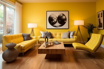 Soothing yellow room with wooden flooring and contemporary accents. Generative AI