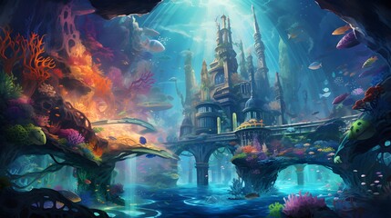 Illustration of a beautiful underwater world with a lot of fish and a ship