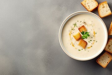 Creamy cauliflower soup with croutons. Overhead view with empty space. Generative AI
