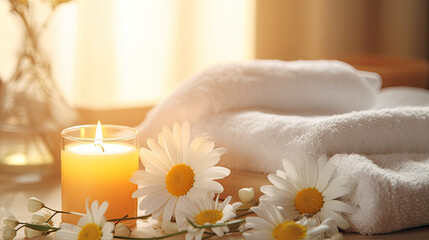 Obraz na płótnie Canvas Minimalistic spa background with candle, towel, flowers