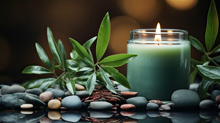 Minimalistic spa background with candle and stones 